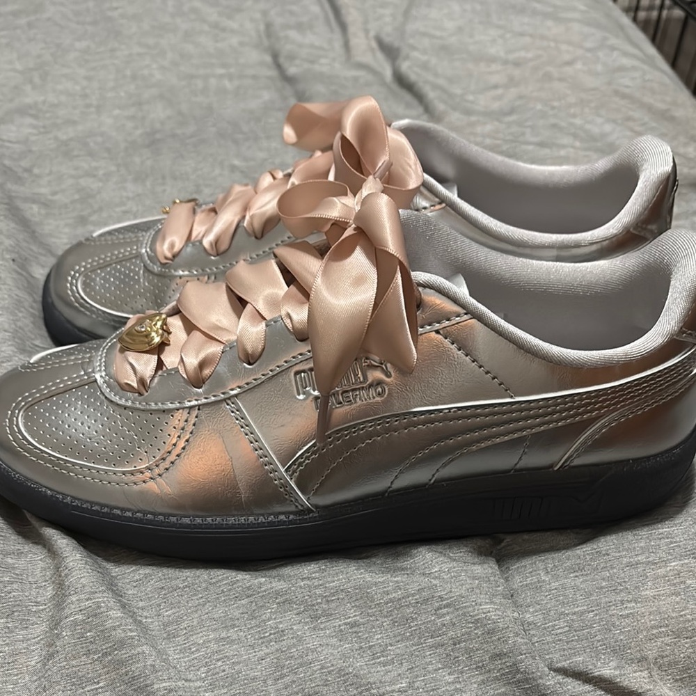 Puma Women's Silver Sneakers with Pink Ribbon and shoe charms